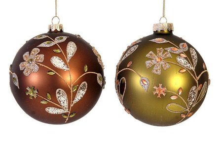 Glass bauble with brown & green flower design