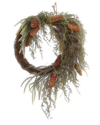 Green half wreath with pinecones